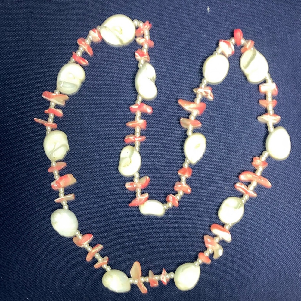 Pink and White Shell Necklace with white Beads